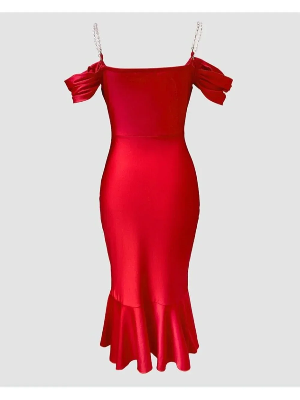 👗Women's Red Off Shoulder Design Cocktail  Pearls Strap Bodycon Midi Dress